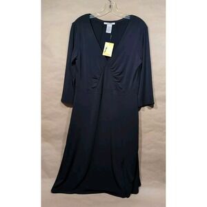 NWT Free People Women Large Midi Dress Classic Black 3/4 Sleeve V-neck Slit